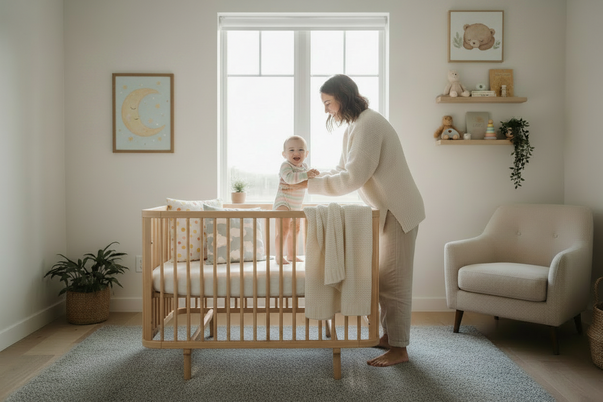 Nothing But Baby nursery hero - mom standing beside crib